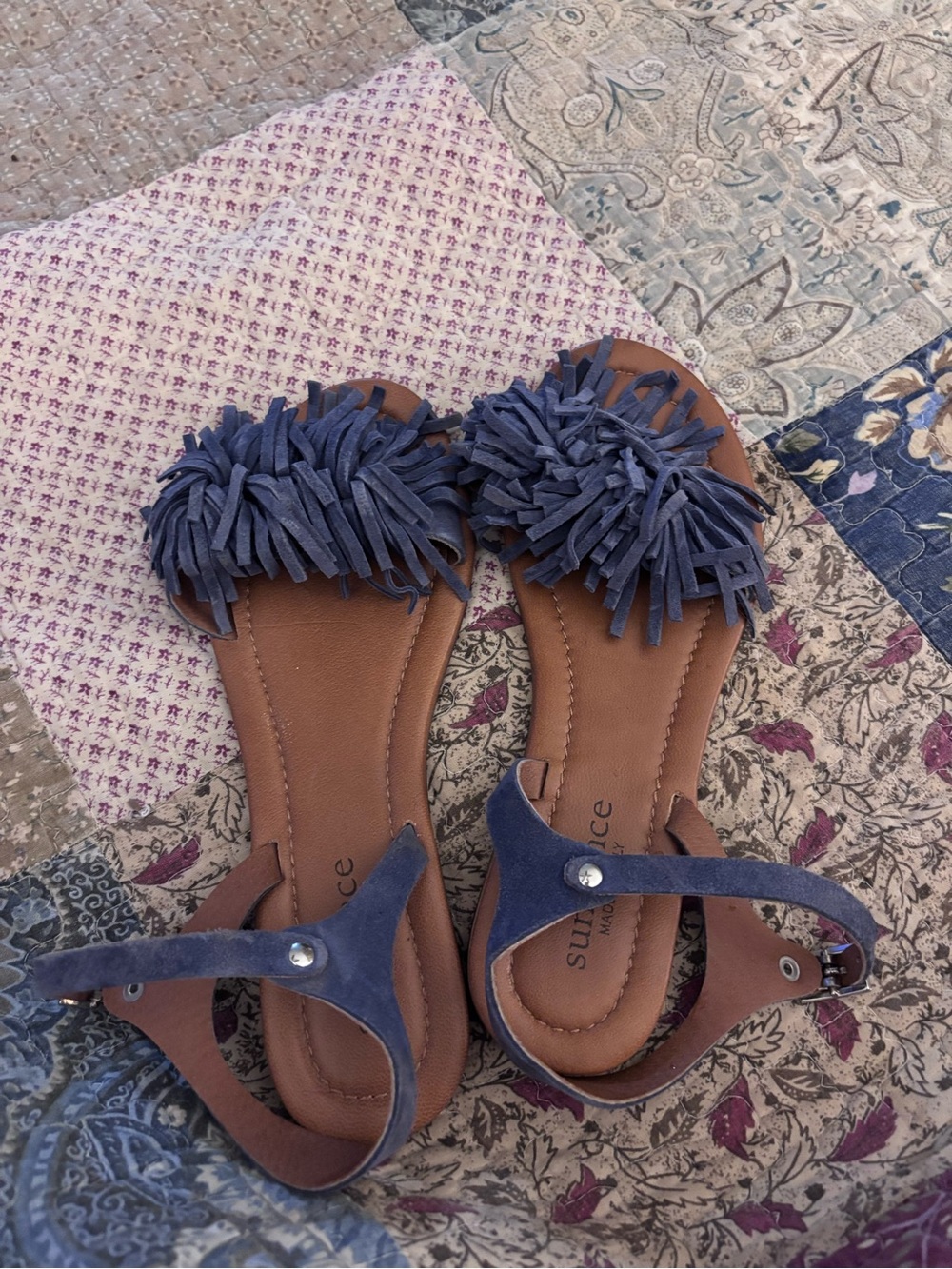 Sundance Blue Suede Fringe Sandals
